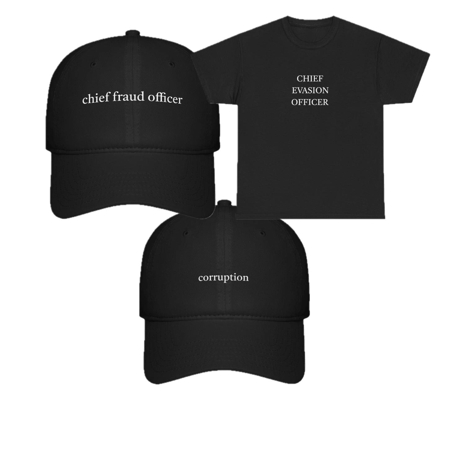 Fraud Memes Merchandise collection featuring branded apparel, including a t-shirt, hoodie, hat, and sweatshirt, all displaying meme-inspired designs with themes like 'Chief Evasion Officer,' 'Corruption,' and 'Ponzi Scheme.'