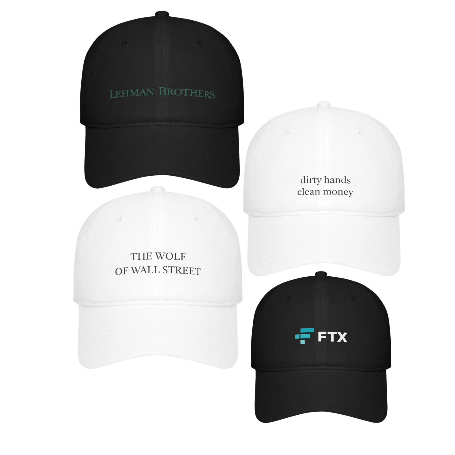 hats collection including lehman brothers hat, the wolf of wall street hat, ftx hat, and dirty hands clean money hat