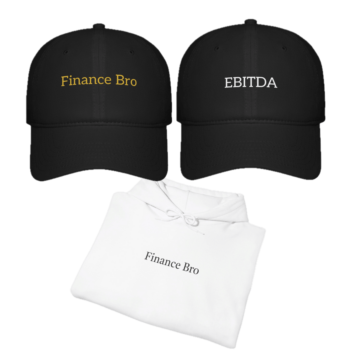 Finance Bro Merchandise collection featuring branded apparel, including a t-shirt, hoodie, hat, and sweatshirt, all displaying Finance Bro-themed designs and slogans.