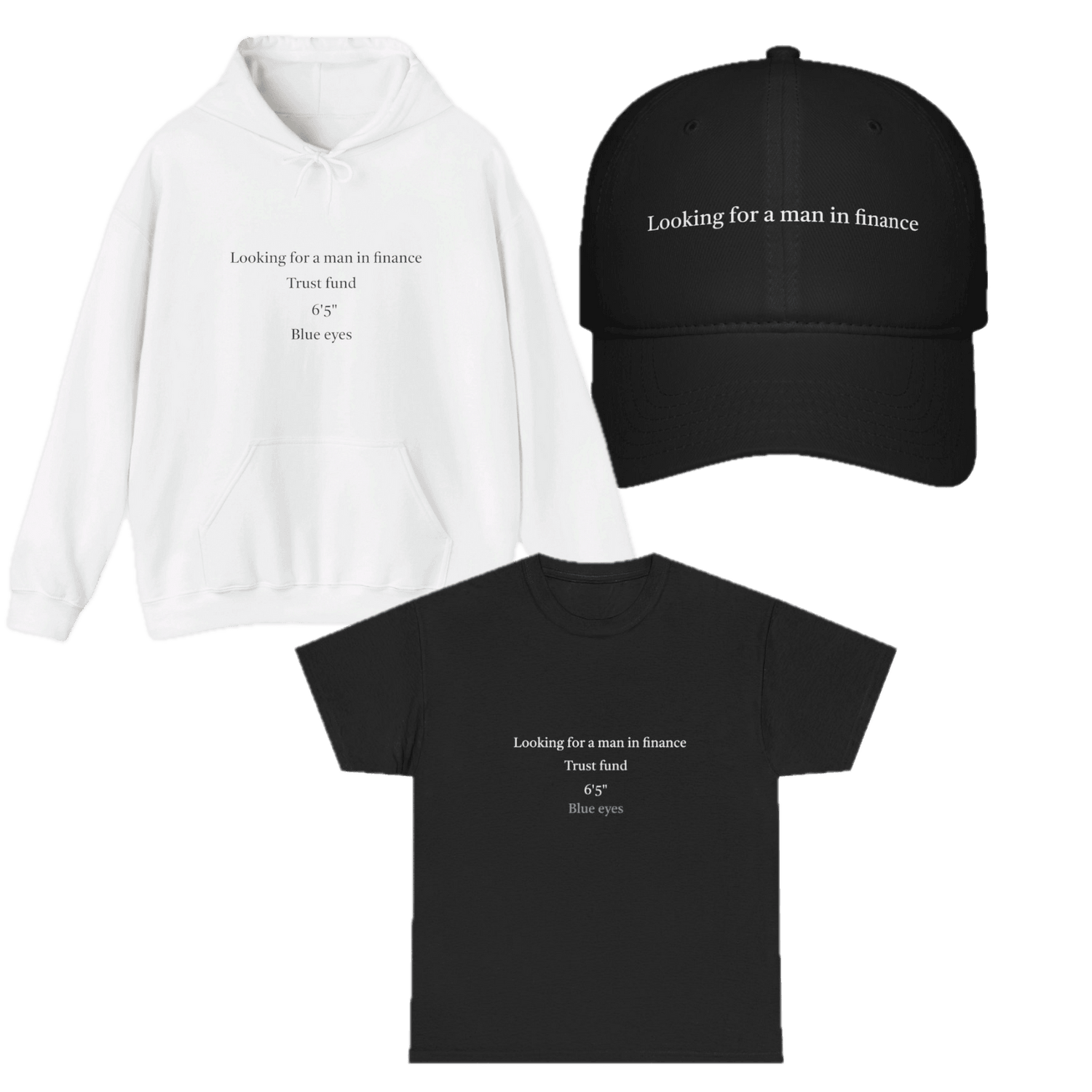 I’m looking for a man in finance’ meme merchandise collection featuring branded apparel, including a t-shirt, hoodie, hat, and sweatshirt, all displaying the meme text.