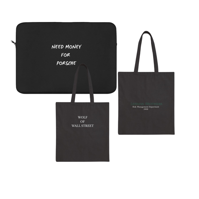 Finance themed bags collection including lehman brothers bag, wolf of wall street bag, need money for porsche bag