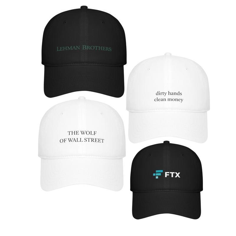 hats collection including lehman brothers hat, the wolf of wall street hat, ftx hat, and dirty hands clean money hat