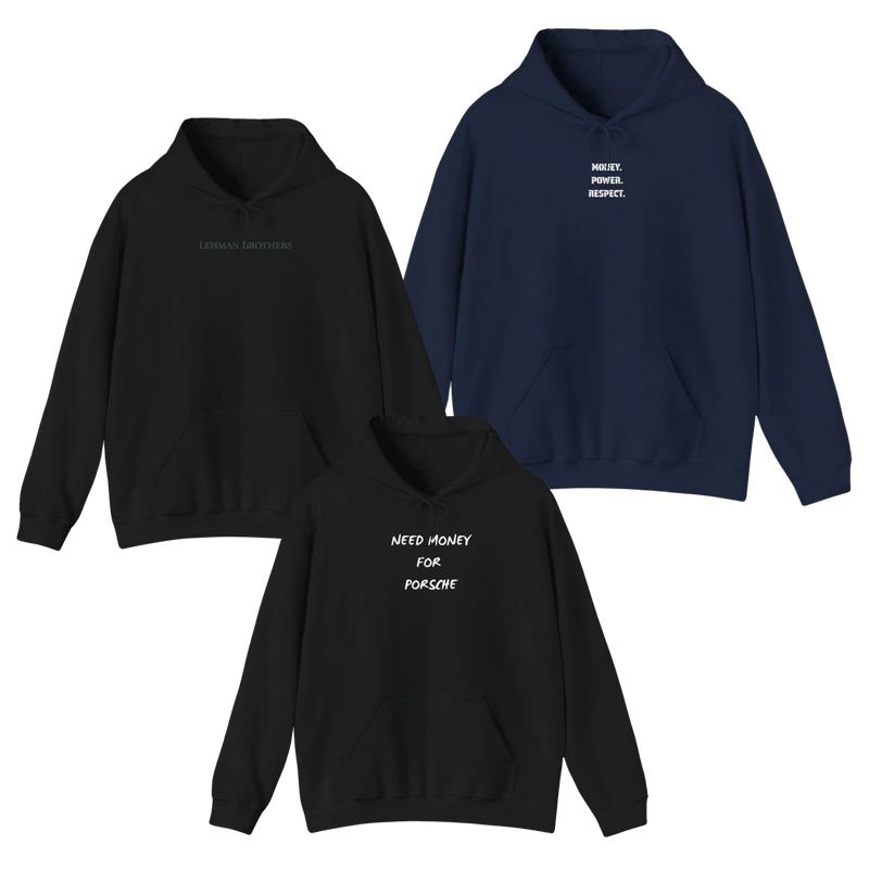 hoodies collection including need money for porsche hoodie, lehman brothers hoodie, and money power respect hoodie