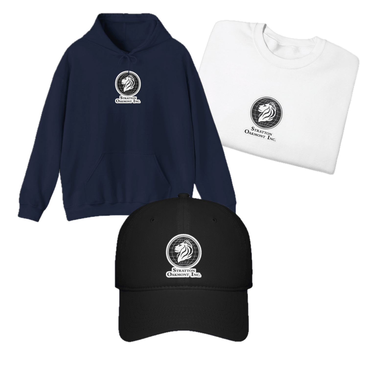 Stratton Oakmont Merchandise collection featuring branded apparel, including a t-shirt, hoodie, hat, and sweatshirt, all displaying the Stratton Oakmont logo.