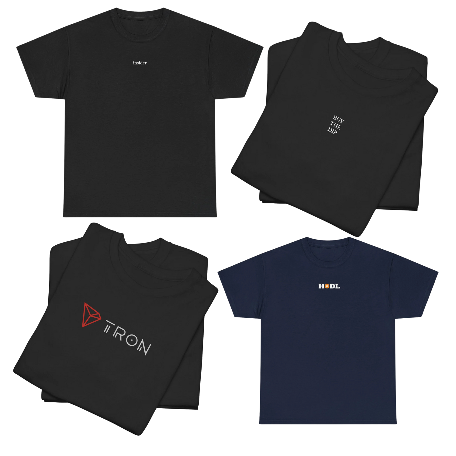 T-shirt collection including tron t shirt, insider shirt, buy the dip shirt and hodl shirt