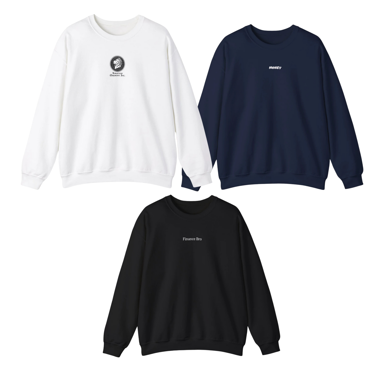 sweatshirt collection including finance bro sweatshirt, stratton oakmont sweatshirt and money sweatshirt