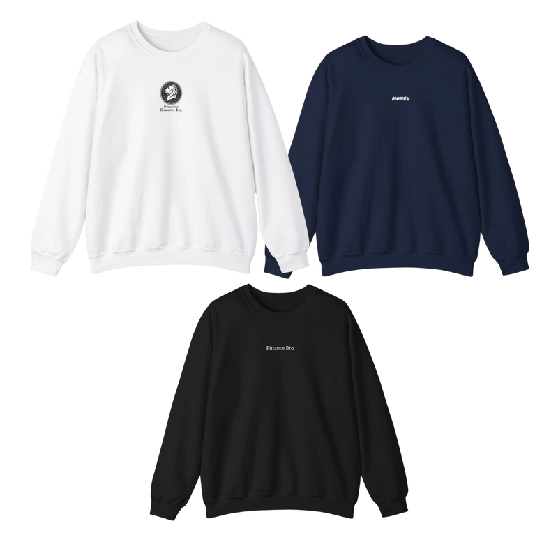 sweatshirt collection including finance bro sweatshirt, stratton oakmont sweatshirt and money sweatshirt