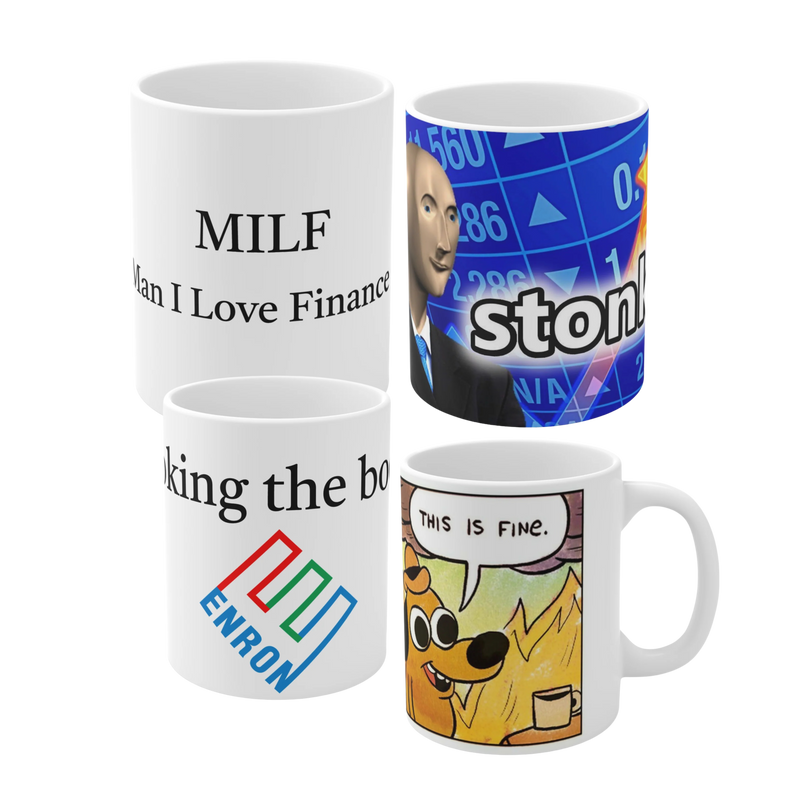 mugs collection including milf mug, stonks mug, cooking the books enron mug, this is fine mug