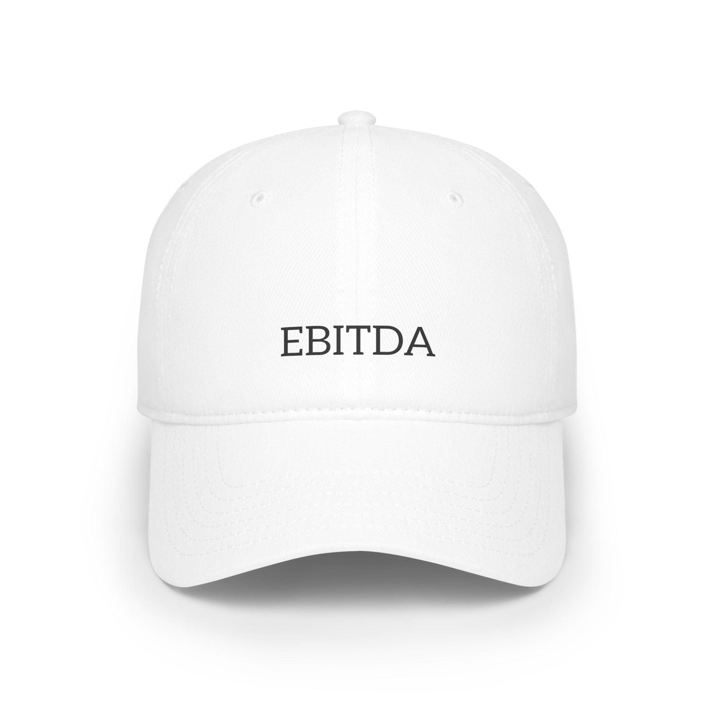 White ebitda hat with black text