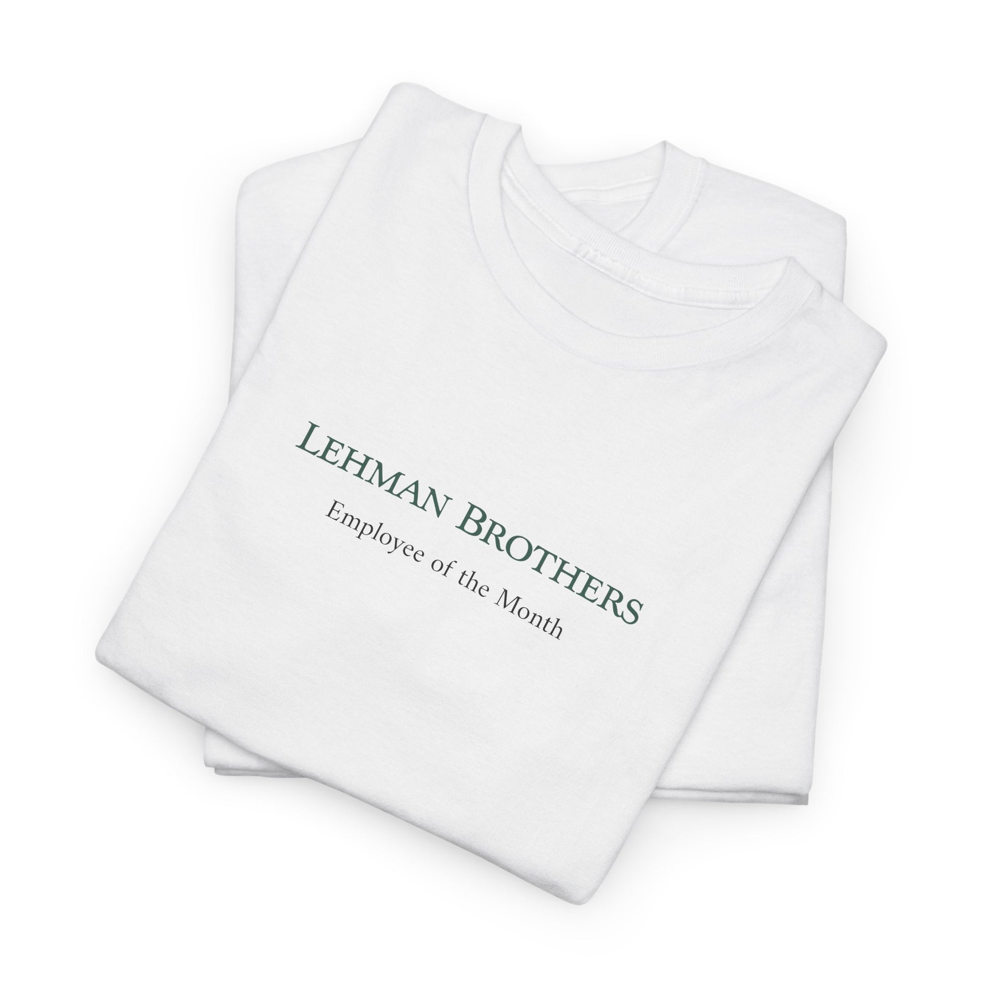 White shirt with 'Lehman Brothers Employee of the Month' text on a white background