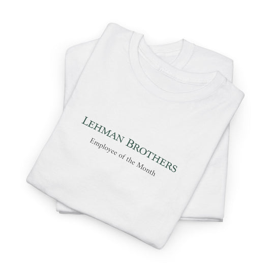 White shirt with 'Lehman Brothers Employee of the Month' text on a white background